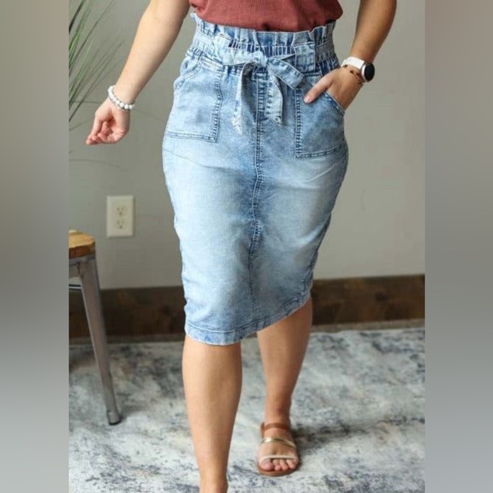 Denim Paper Bag Acid Wash Midi Skirt